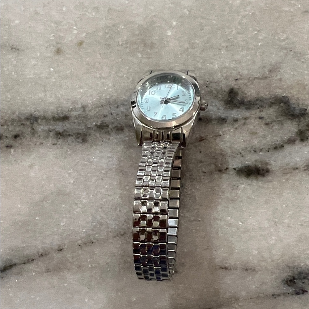 Silver Women's Stretch Link Watch with Light Blue Dial